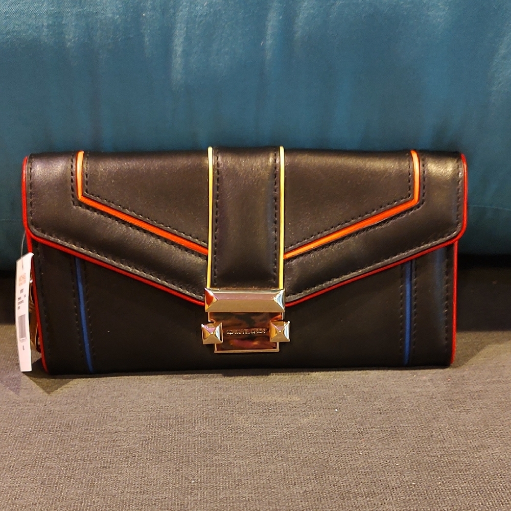 Michael Kors Black & Red W/ Rainbow Lines Women's Leather Clutch